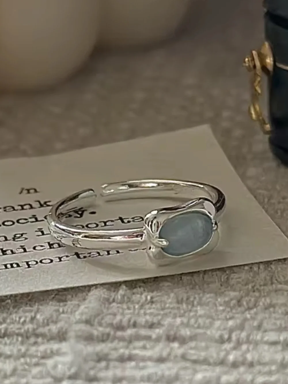 925 Sterling Silver Vintage Dainty light Blue Gemstone Clean Girl Open Ring
